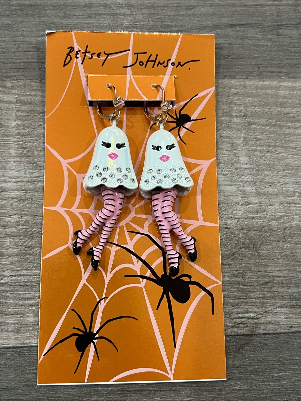 Betsey Johnson White & Pink Ghost Leg Dangle Earrings for Kids